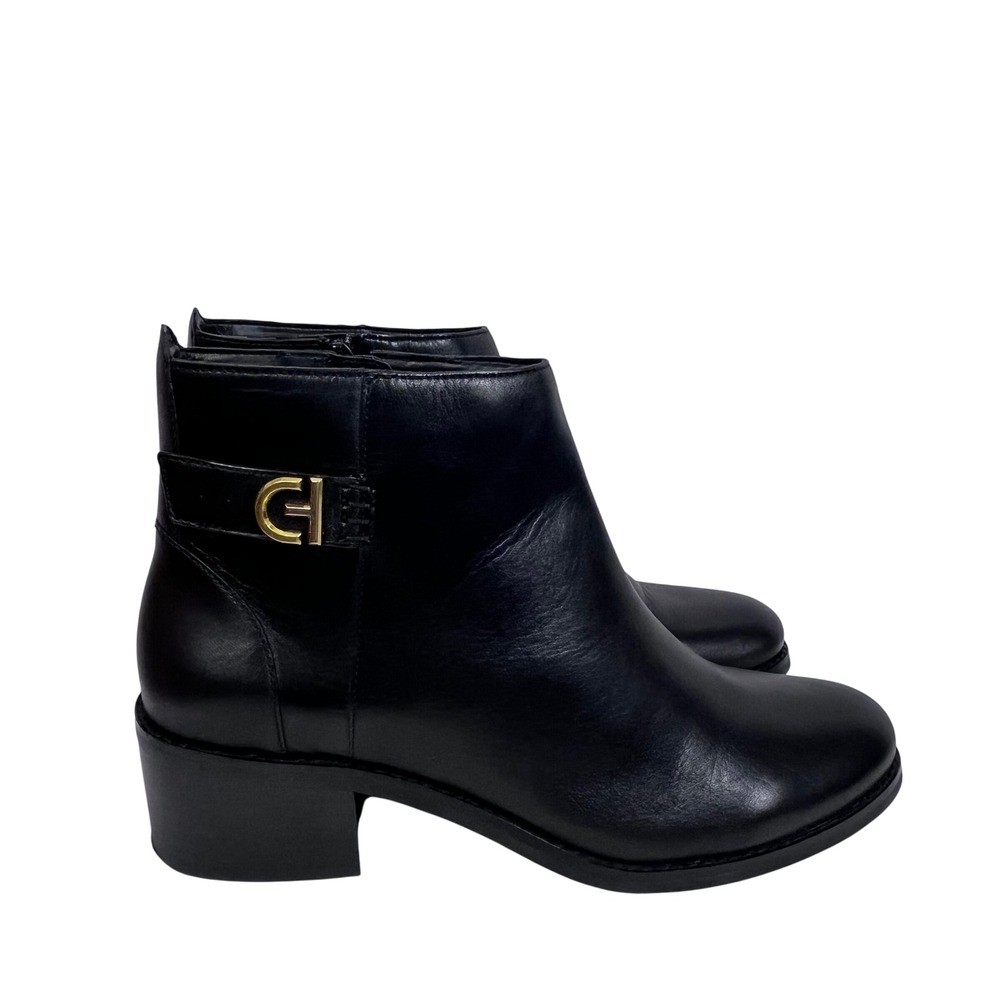 Cole Haan Holis Block Heel Buckle Black Leather Ankle Bootie Size 9B $170 (clo)